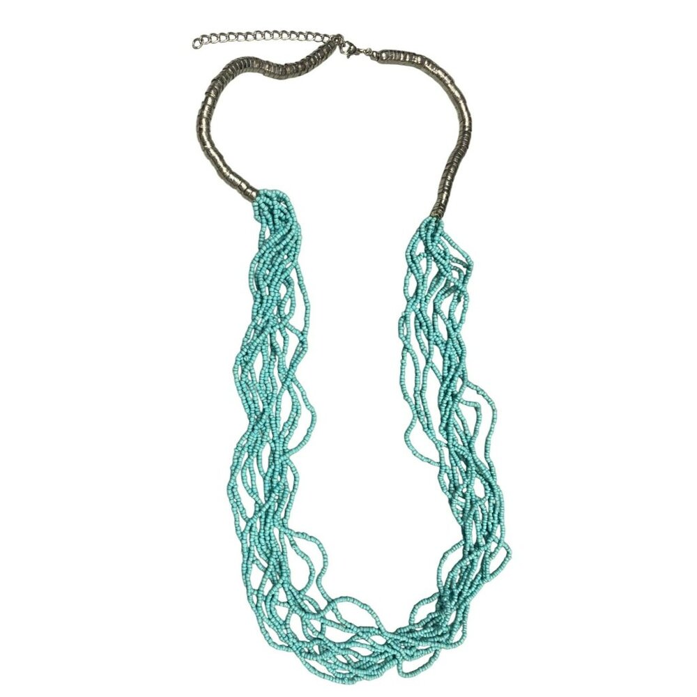 Vintage Handmade Turquoise Colored Multi-Strand Seed Beaded Necklace